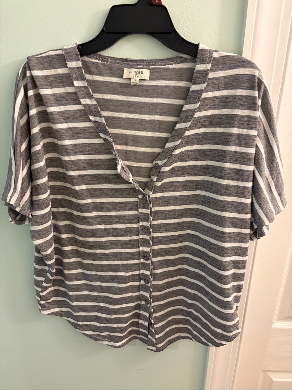 Umgee Gray and White Striped Button-Front V-Neck Top